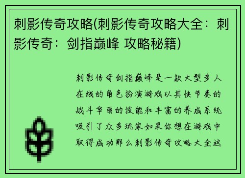 刺影传奇攻略(刺影传奇攻略大全：刺影传奇：剑指巅峰 攻略秘籍)